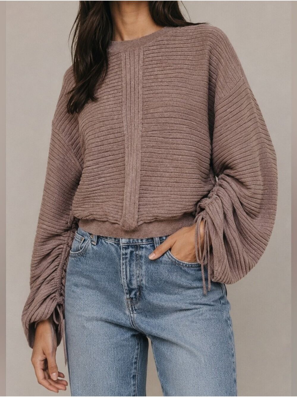 DO+BE Balloon Sleeve Mauve Ribbed Knit Sweater, Size S